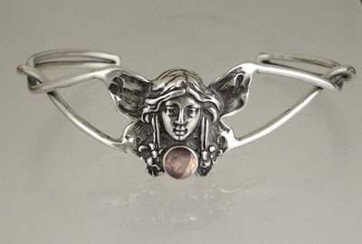 Sterling Silver Victorian Fairy Cuff Bracelet With Rose Quartz